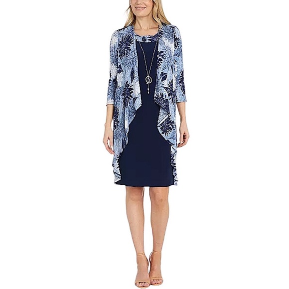 R & M Richards Size 16W Navy Blue Sleeveless Flyaway-Airbrush Necklace Dress EUC - Picture 5 of 14